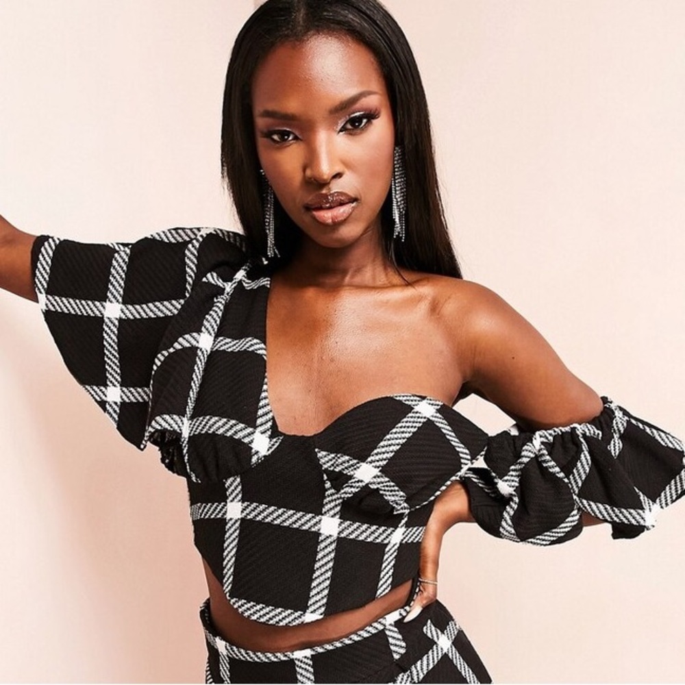 ASOS LUXE boucle one shoulder corset crop top in black - part of a set